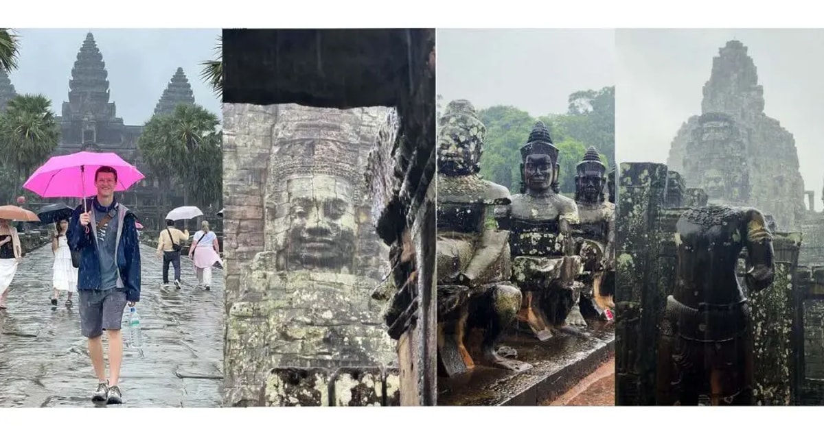 雨季挡不住游人热情！游客雨中打卡吴哥窟：别有一番韵味