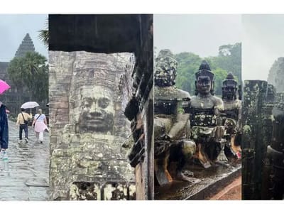 雨季挡不住游人热情！游客雨中打卡吴哥窟：别有一番韵味