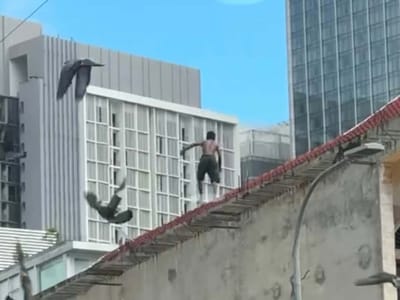金边男子在屋顶逃窜避捕，遭宪兵围捕！