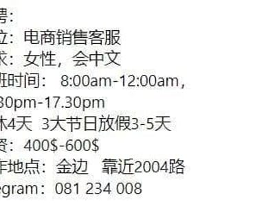 大家好，我正在寻找一位会中文的女性销售，私人电商工作室在Facebook上销售我的产品。