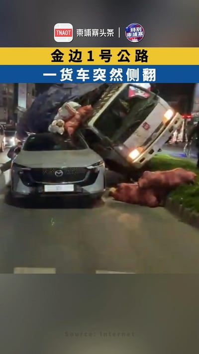 金边1号公路 一货车突然侧翻