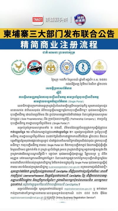 柬埔寨三大部门发布联合公告 精简商业注册流程