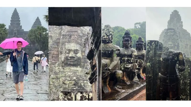 雨季挡不住游人热情！游客雨中打卡吴哥窟：别有一番韵味